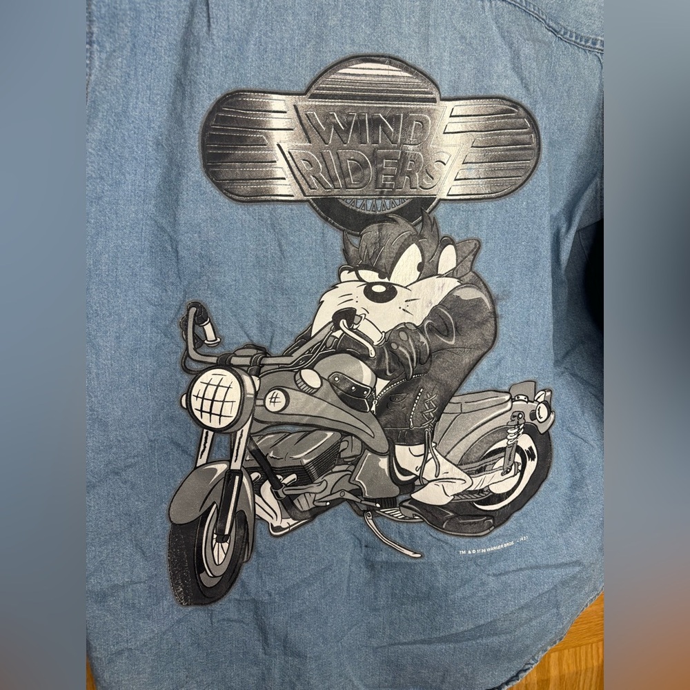 1993 Looney Toons Taz Biker Denim Button Up